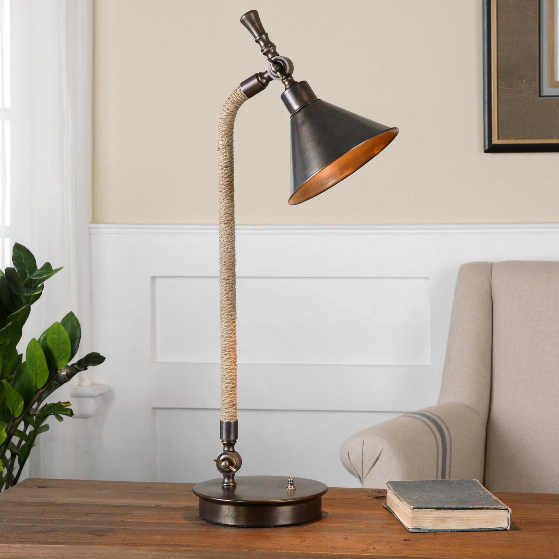Duvall Task Lamp by Uttermost. Made from metal, fabric in a modern style.