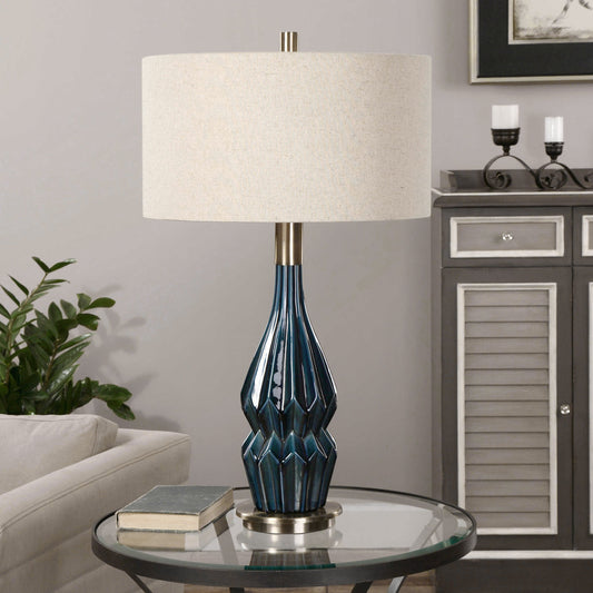 Prussian Lamp by Uttermost in blue. Made from ceramic, metal in a modern style.