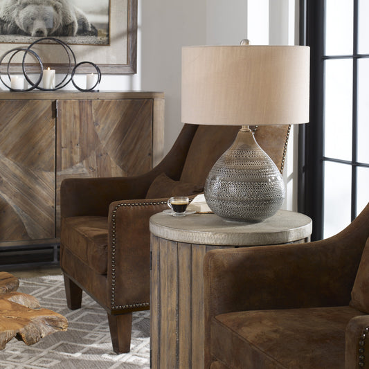 Batova Lamp by Uttermost in gray. Made from ceramic, metal, fabric in a modern style.