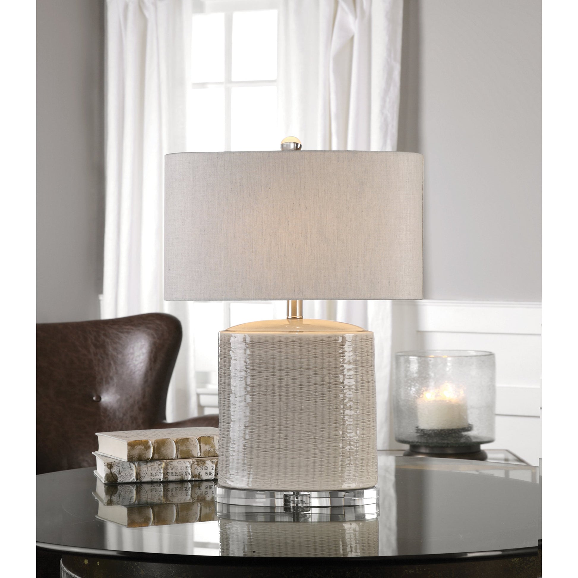Modica Taupe Ceramic Lamp by Uttermost. Made from high temperature ceramic, crystal in a modern style.