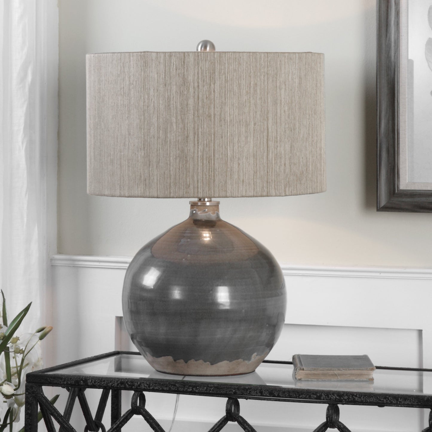 004 S-253548 | Lifestyle | Vardenis Ceramic Lamp by Uttermost in gray. Made from steel, ceramic in a modern style.