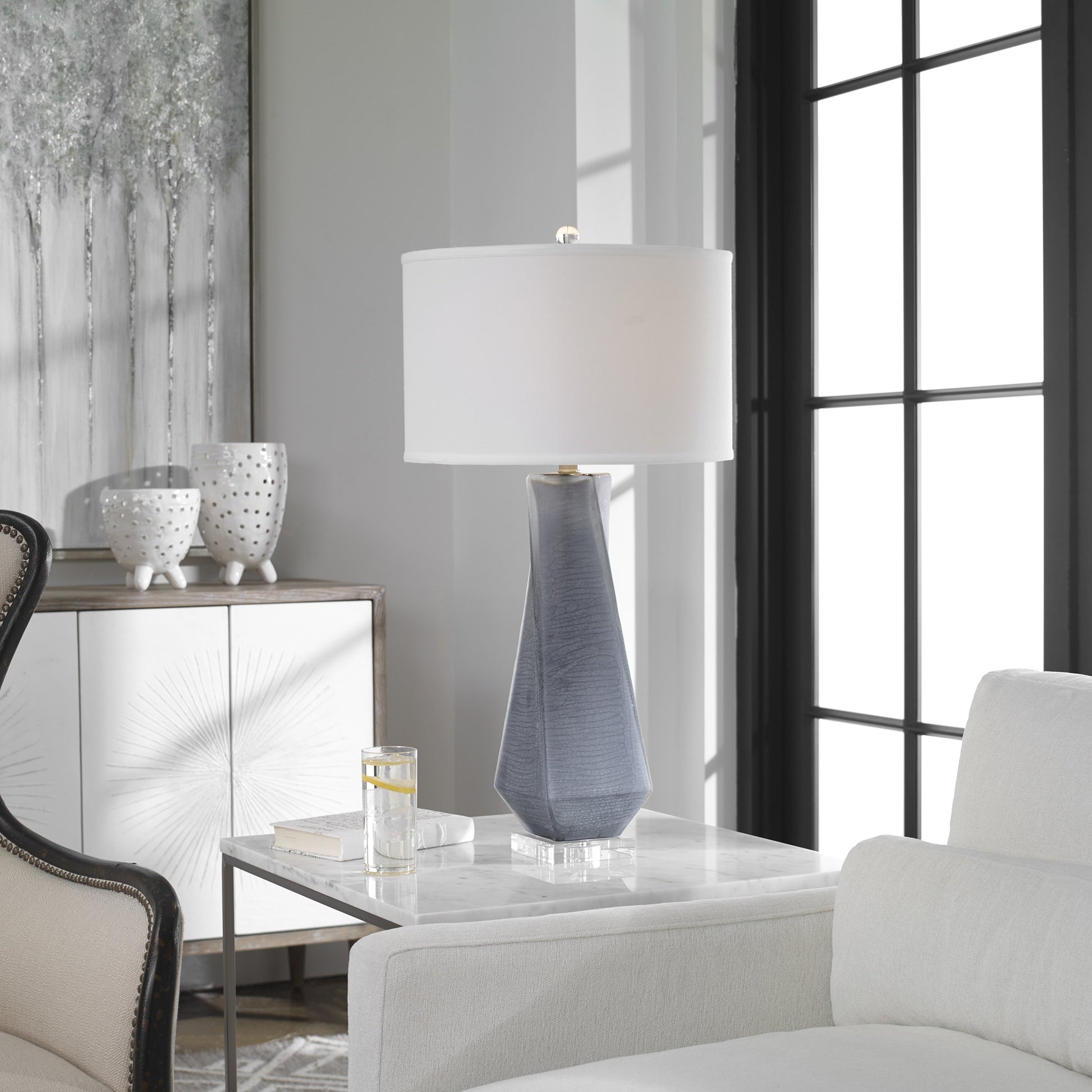Anatoli Table Lamp by Uttermost in gray. Made from glass, iron, crystal in a modern style.