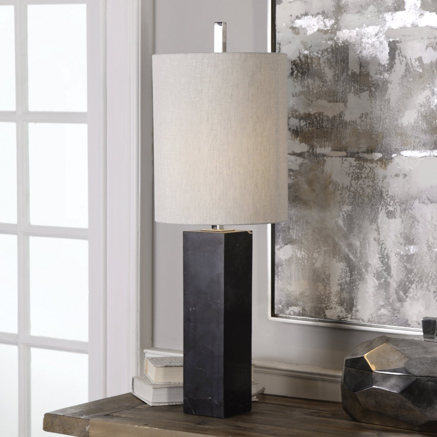 004 S-253847 | Lifestyle | Delaney Marble Column Accent Lamp by Uttermost. Made from iron, marble, fabric in a modern style.