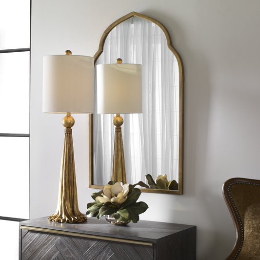 Paravani Lamp by Uttermost in gold. Made from resin, steel, fabric in a modern style.