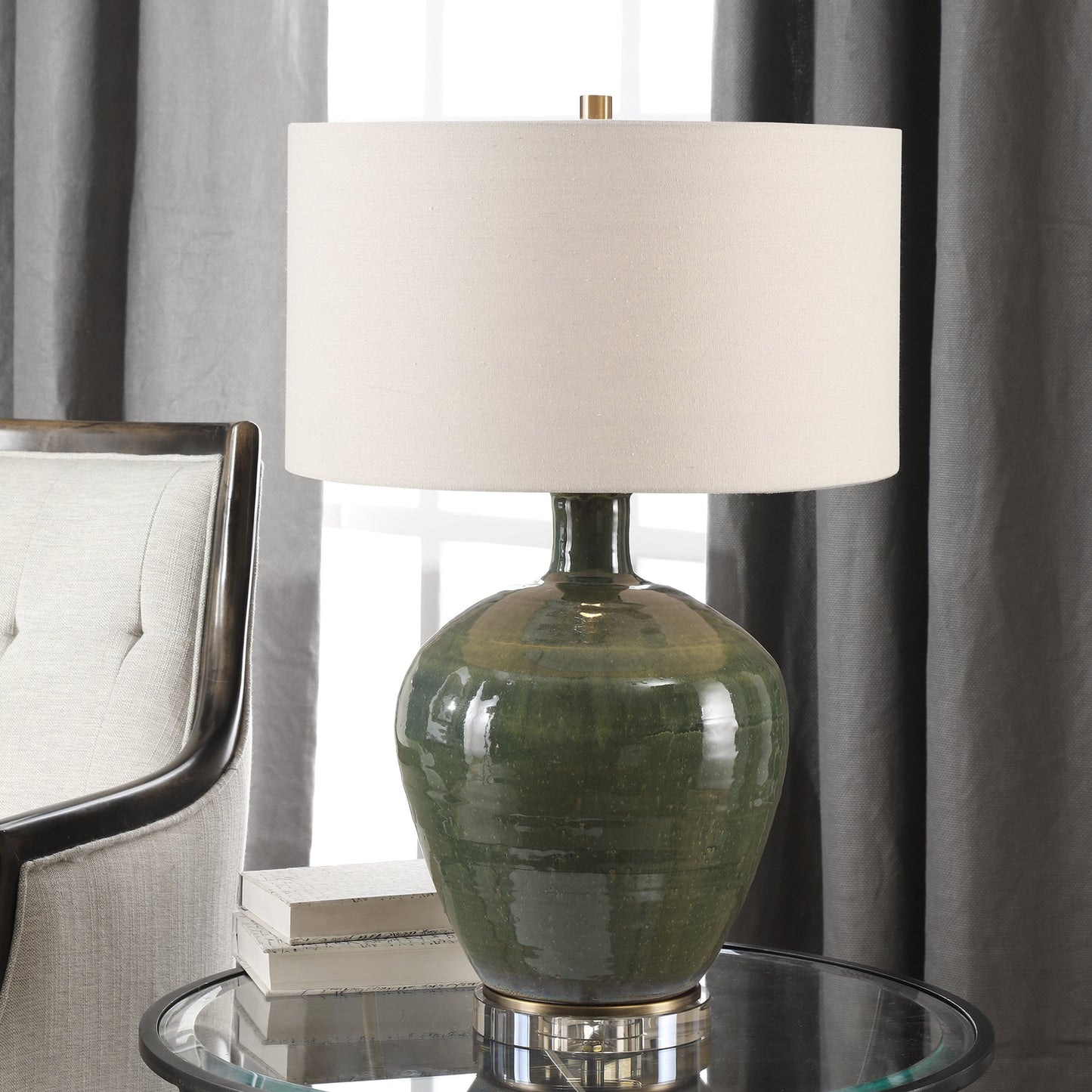 002 S-329056 | Lifestyle | Elva Emerald Table Lamp by Uttermost. Made from steel, ceramic, crystal in a modern style.