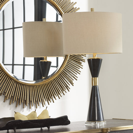 Alastair Black Marble Table Lamp by Uttermost in black. Made from steel, marble, crystal, fabric in a modern style.