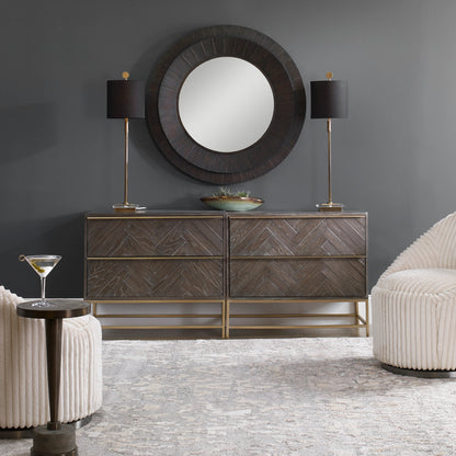 Volante Antique Brass Table Lamp by Uttermost. Made from iron, fabric, crystal in a transitional style.