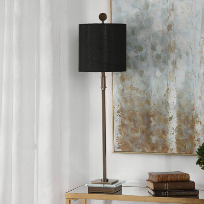 Volante Antique Brass Table Lamp by Uttermost. Made from iron, fabric, crystal in a transitional style.