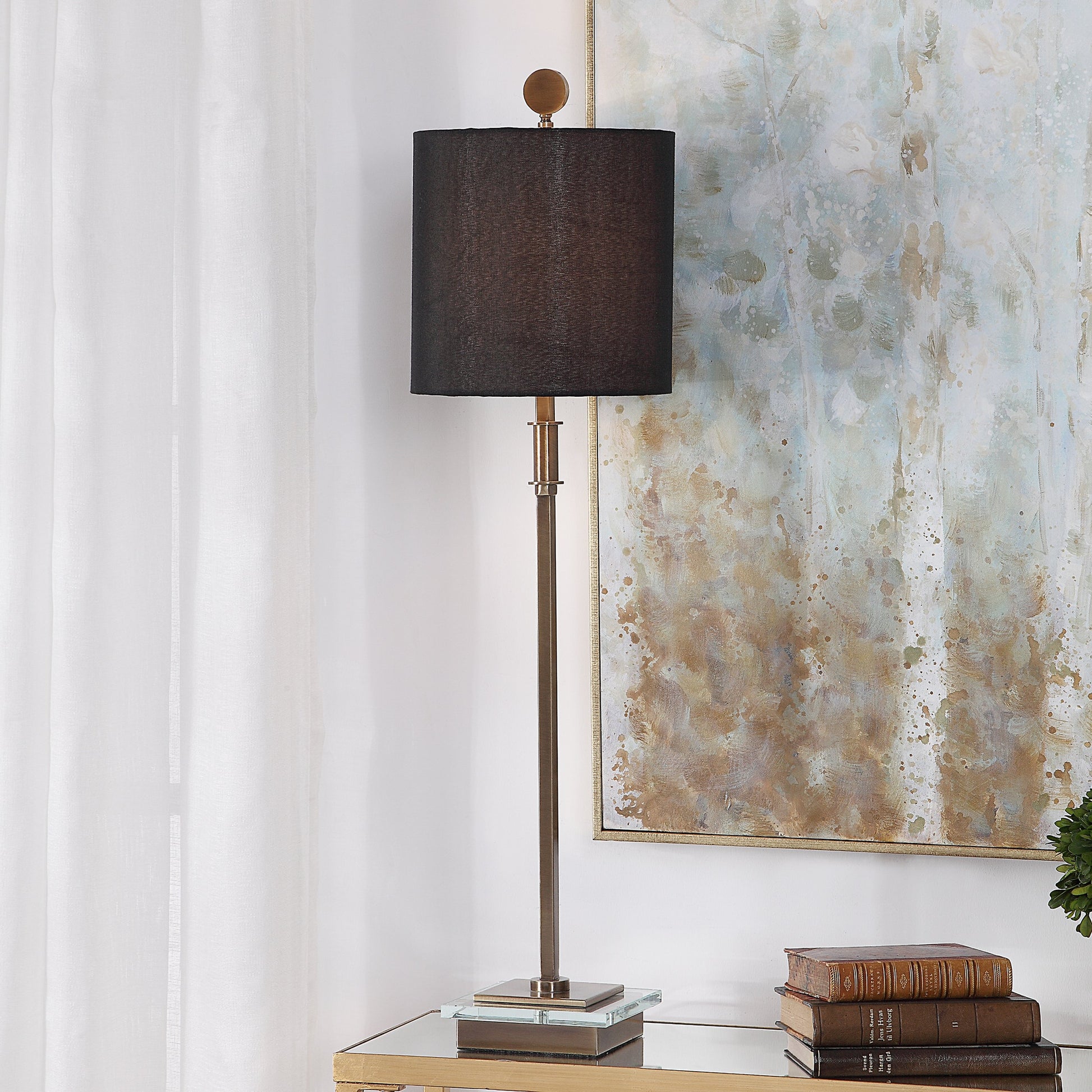 Volante Antique Brass Table Lamp by Uttermost. Made from iron, fabric, crystal in a transitional style.