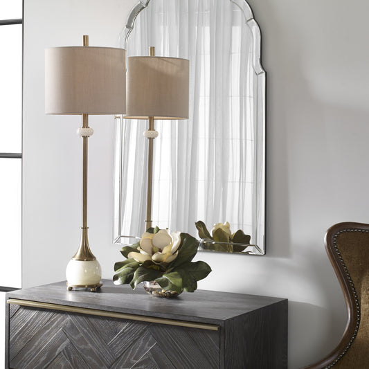 Natania Buffet Lamp by Uttermost in brass. Made from steel, marble, linen in a transitional style.