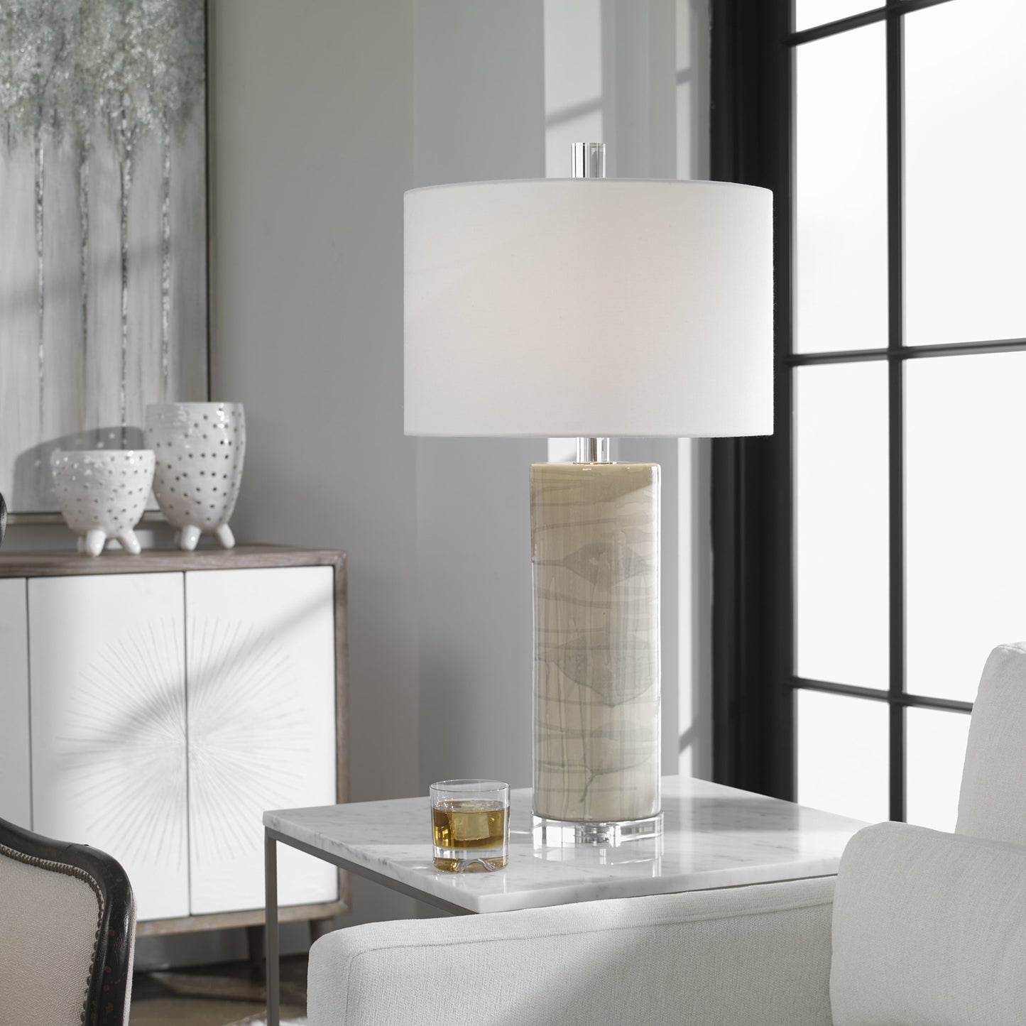 005 SR-389045 | Lifestyle | Zesiro Table Lamp by Uttermost in beige. Made from ceramic, crystal, fabric, steel in a modern style.