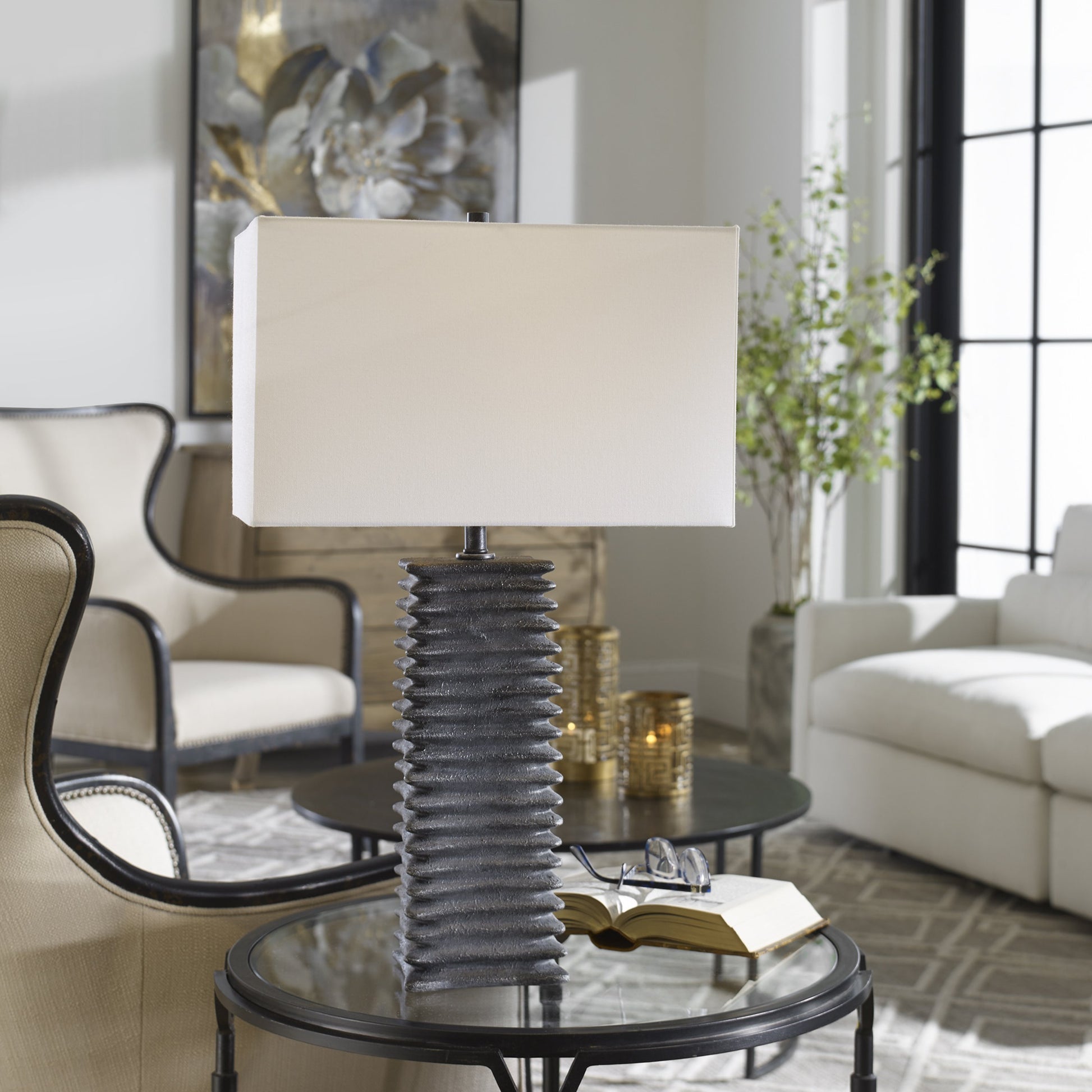 Sanderson Table Lamp by Uttermost in charcoal. Made from ceramic, steel, fabric in a rustic style.