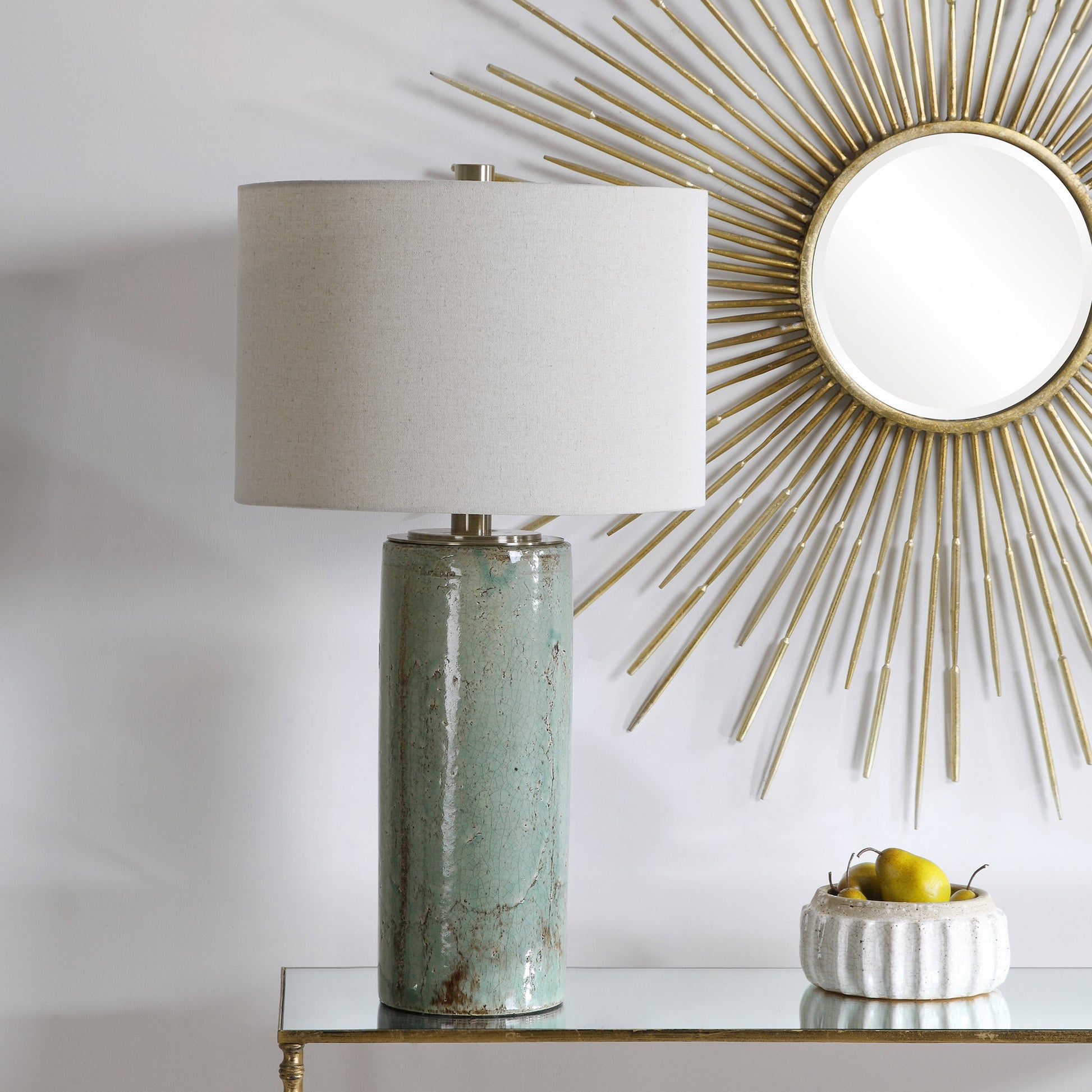 Callais Crackled Table Lamp by Uttermost in aqua. Made from ceramic, metal in a modern style.