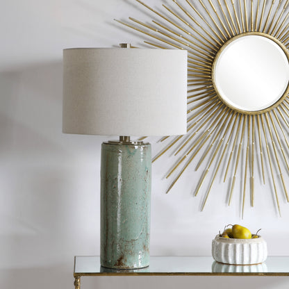 Callais Crackled Table Lamp by Uttermost in aqua. Made from ceramic, metal in a modern style.