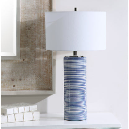 Montauk Striped Table Lamp by Uttermost. Made from ceramic, steel, fabric in a coastal style.