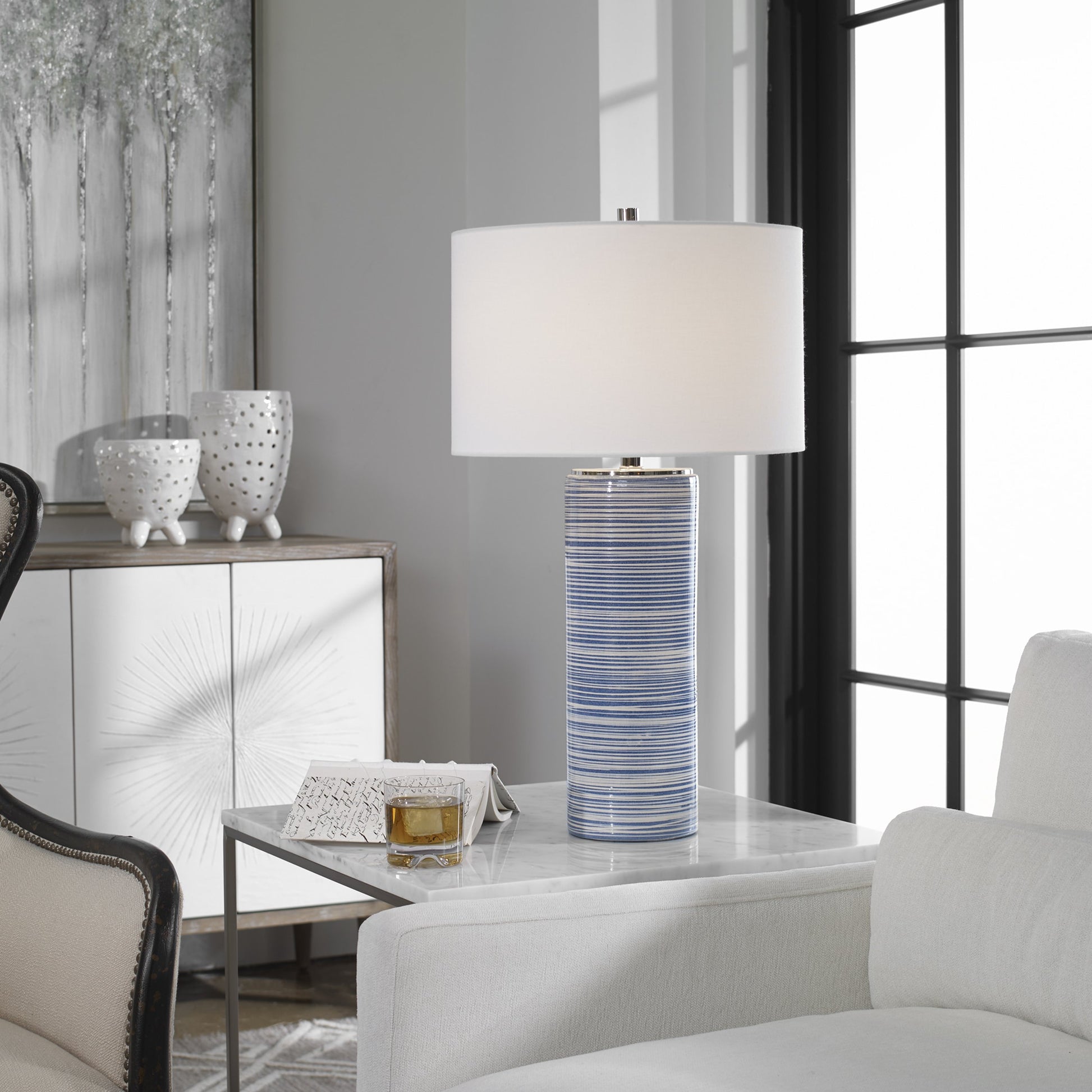 Montauk Striped Table Lamp by Uttermost. Made from ceramic, steel, fabric in a coastal style.