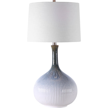 Eichler Mid-Century Table Lamp by Uttermost. Made from ceramic, fabric, iron in a coastal style.