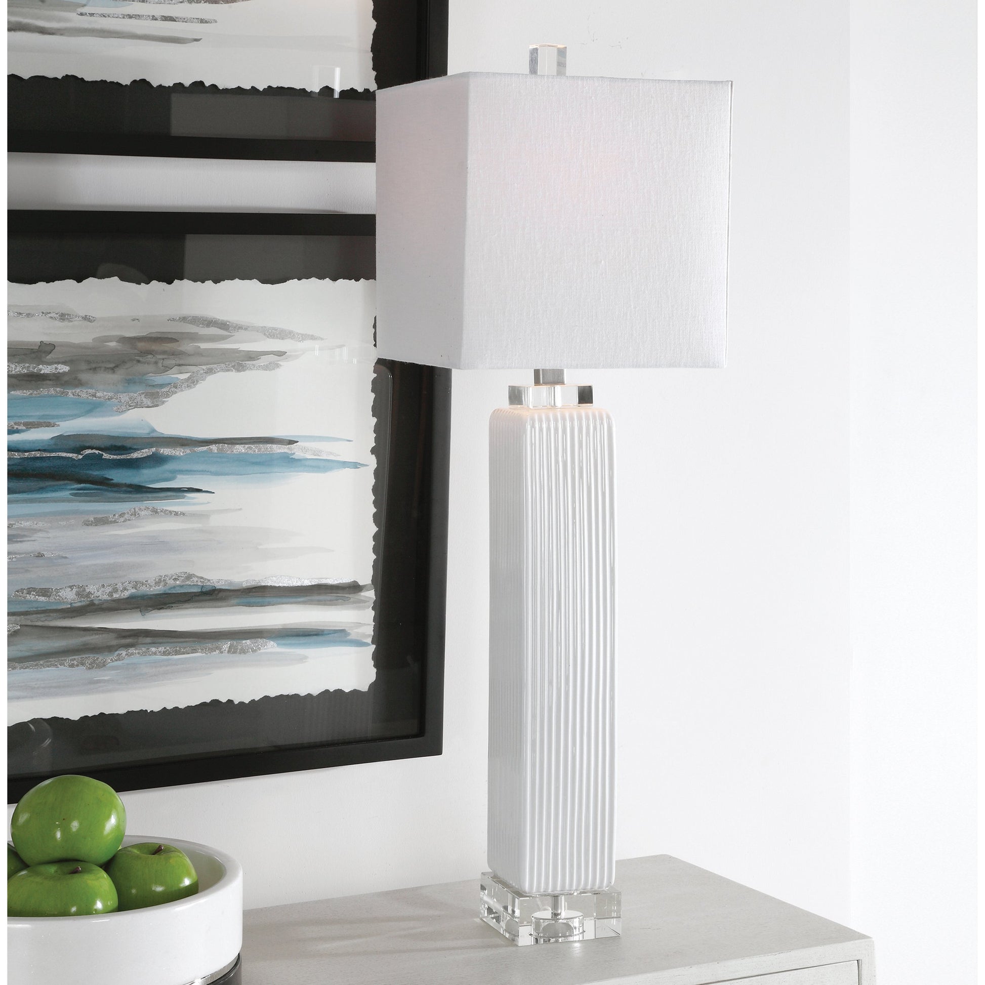 Bennett Buffet Lamp by Uttermost in white. Made from ceramic, fabric, iron, crystal in a transitional style.