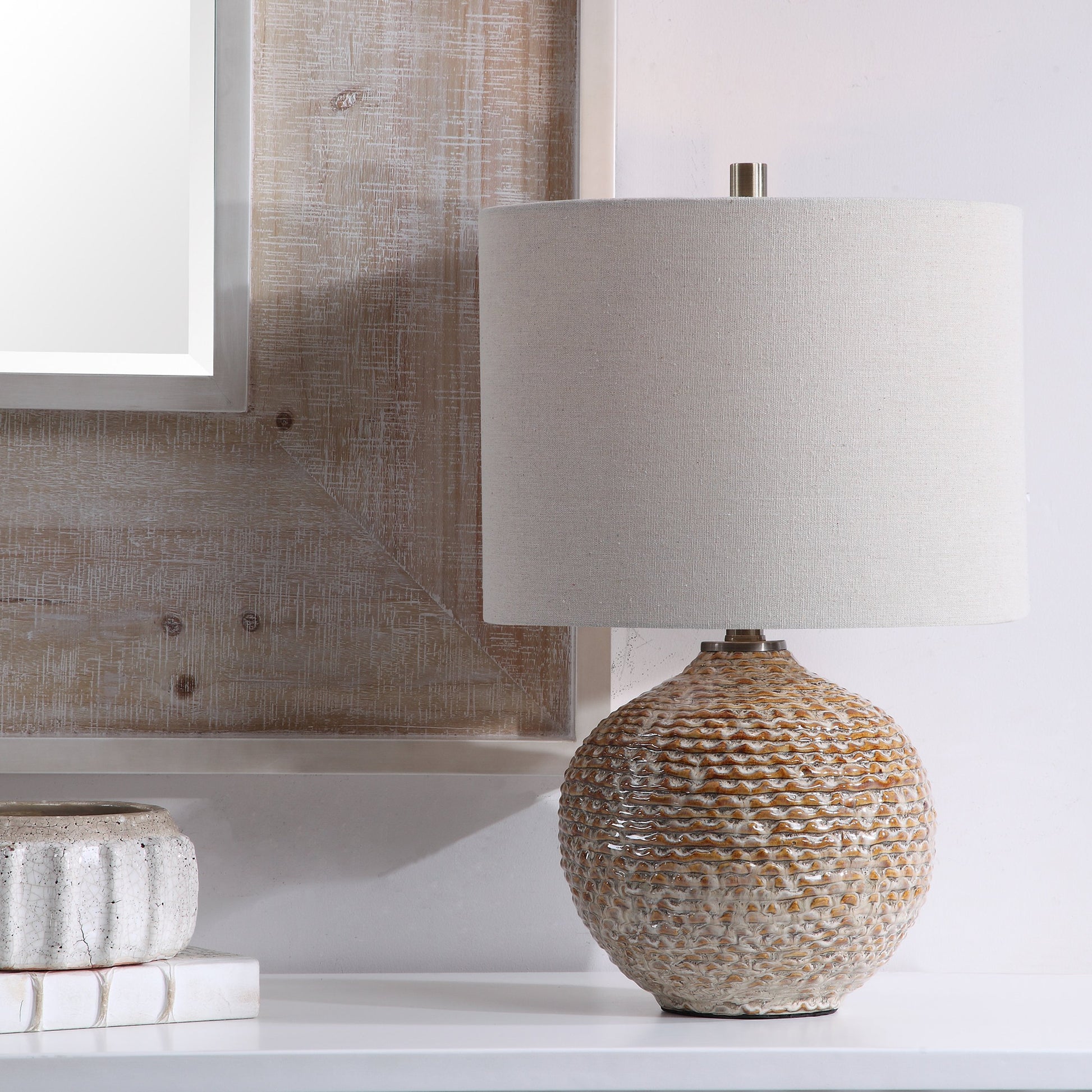 Lagos Rustic Table Lamp by Uttermost. Made from ceramic, metal, fabric in a coastal style.