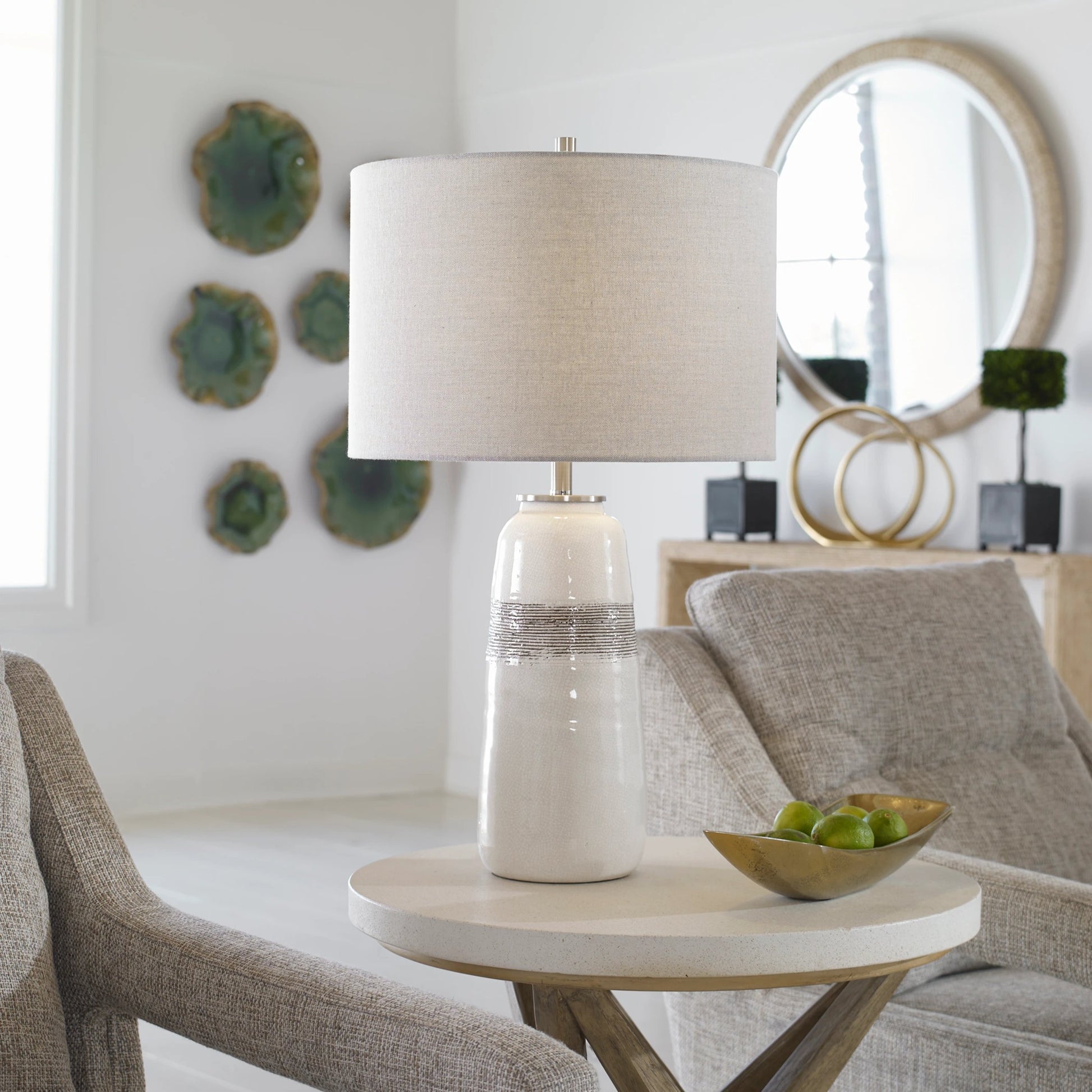 Comanche Crackle Table Lamp by Uttermost in white. Made from ceramic, steel in a eclectic & global style.