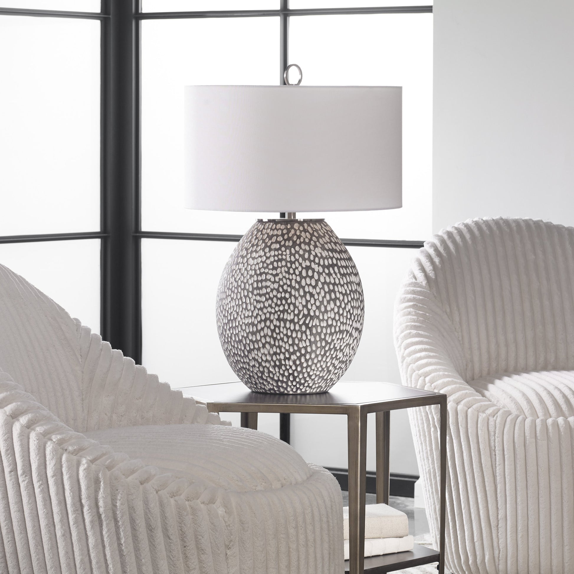 Cyprien Table Lamp by Uttermost in gray. Made from iron, ceramic, fabric in a modern style.