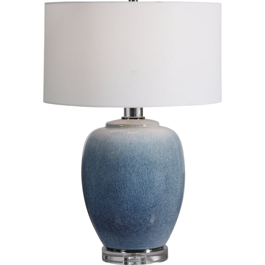Waters Table Lamp by Uttermost in blue. Made from steel, ceramic, crystal, fabric in a coastal style.