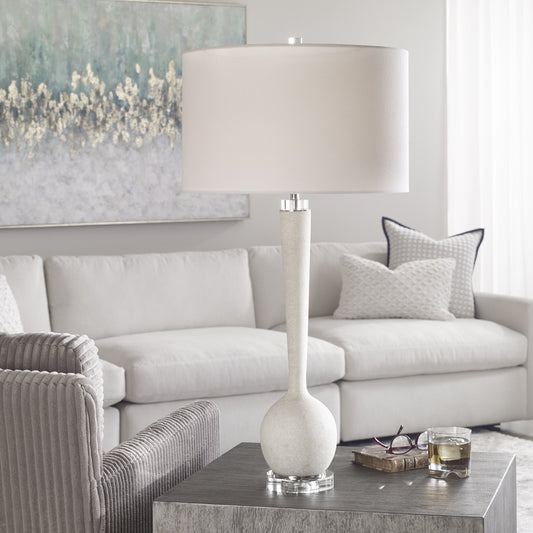 Kently Table Lamp by Uttermost in white. Made from steel, crystal, rice stone, fabric in a modern style.