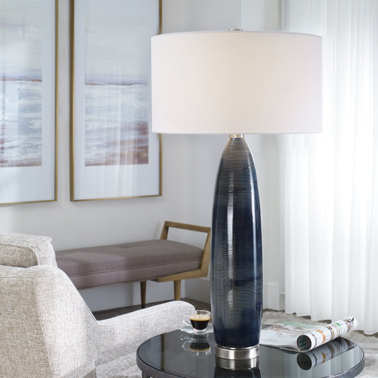 Cullen Table Lamp by Uttermost in prussian blue. Made from ceramic, iron, fabric in a eclectic & global style.