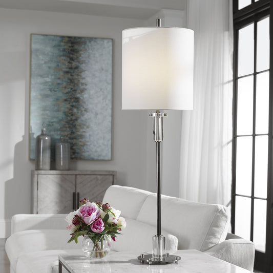 Aurelia Buffet Lamp by Uttermost in polished nickel. Made from steel, crystal, fabric in a transitional style.
