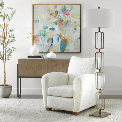 Link Floor Lamp by Uttermost in antique gold. Made from iron, fabric in a modern style.