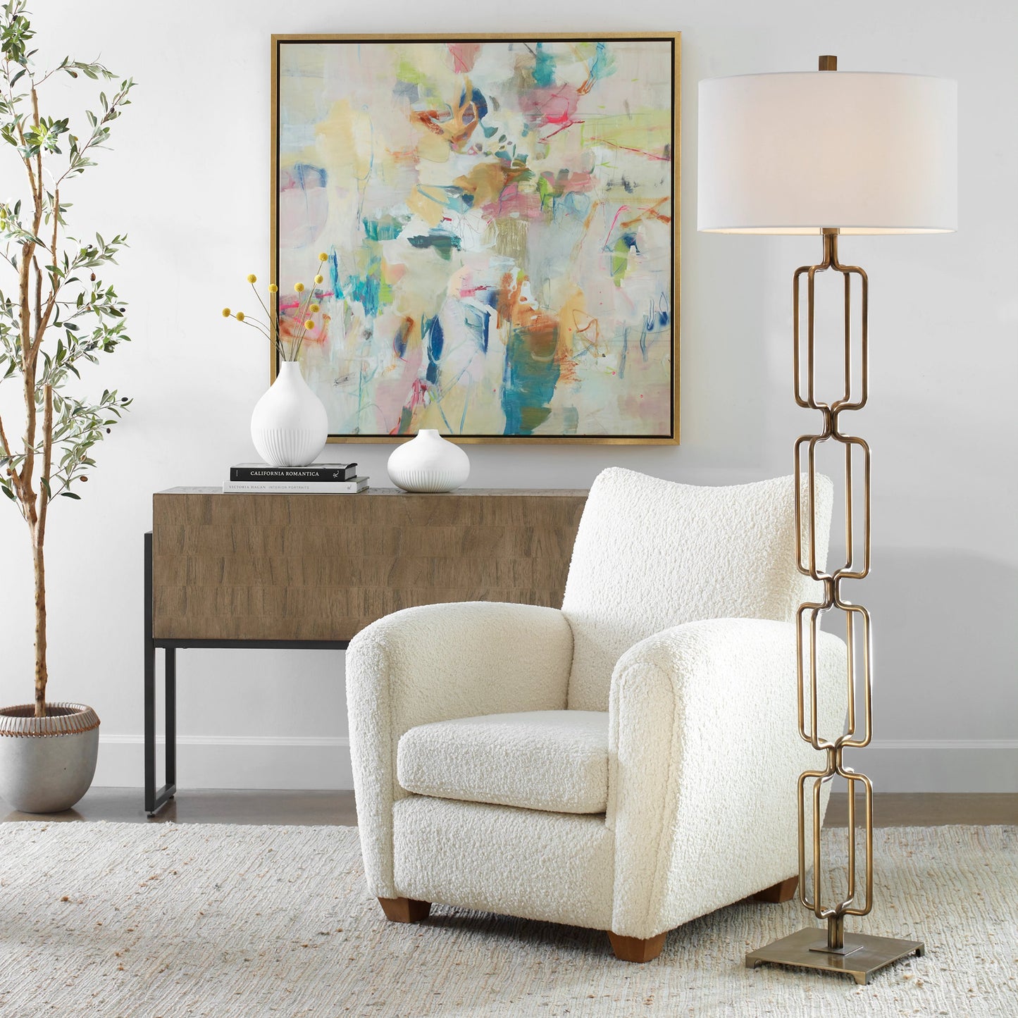 005 SI-1981402 | Lifestyle | Link Floor Lamp by Uttermost in antique gold. Made from iron, fabric in a modern style.