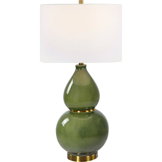Gourd Table Lamp by Uttermost in moss green, brass. Made from ceramic, metal, fabric in a modern style.