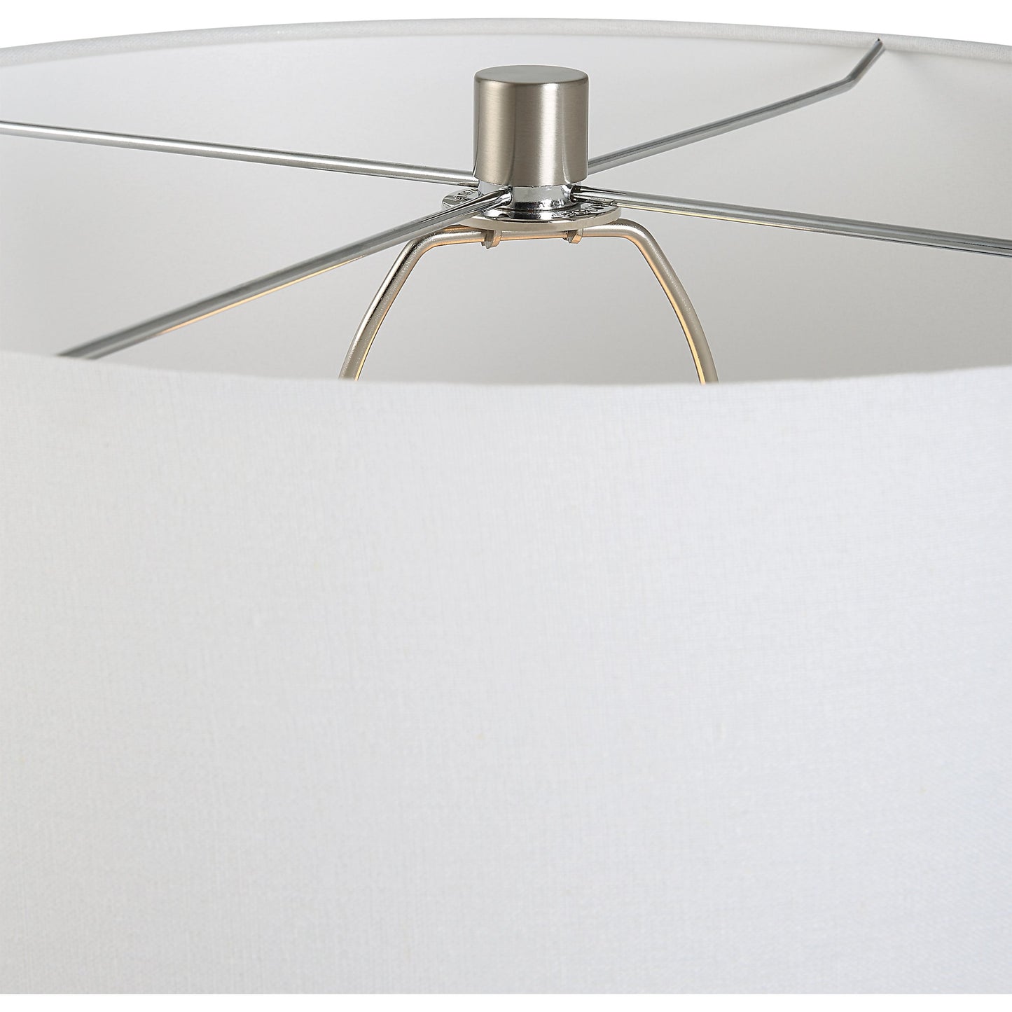 003 SI-2016450 | Closeup | Teramo Table Lamp by Uttermost in blue and nickel. Made from ceramic, iron, fabric in a modern style.