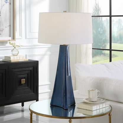 Teramo Table Lamp by Uttermost in blue and nickel. Made from ceramic, iron, fabric in a modern style.