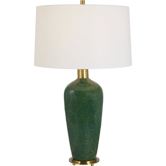 Verdell Table Lamp by Uttermost in dark mossy green. Made from steel, ceramic, fabric in a modern style.
