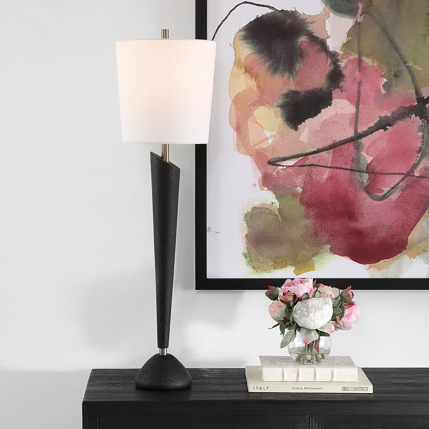 006 SI-2108116 | Lifestyle | Cypher Modern Buffet Lamp by Uttermost in brass. Made from steel, rice stone, resin, fabric in a modern style.
