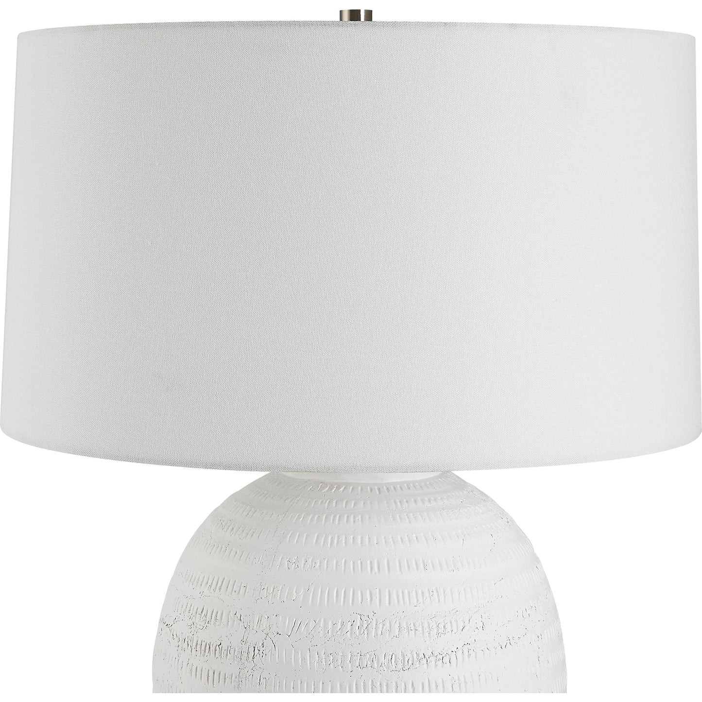 002 SI-2108118 | Closeup | Reyna Table Lamp by Uttermost in chalk white, nickel. Made from steel, ceramic, fabric in a modern style.