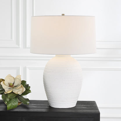 Reyna Table Lamp by Uttermost in chalk white, nickel. Made from steel, ceramic, fabric in a modern style.