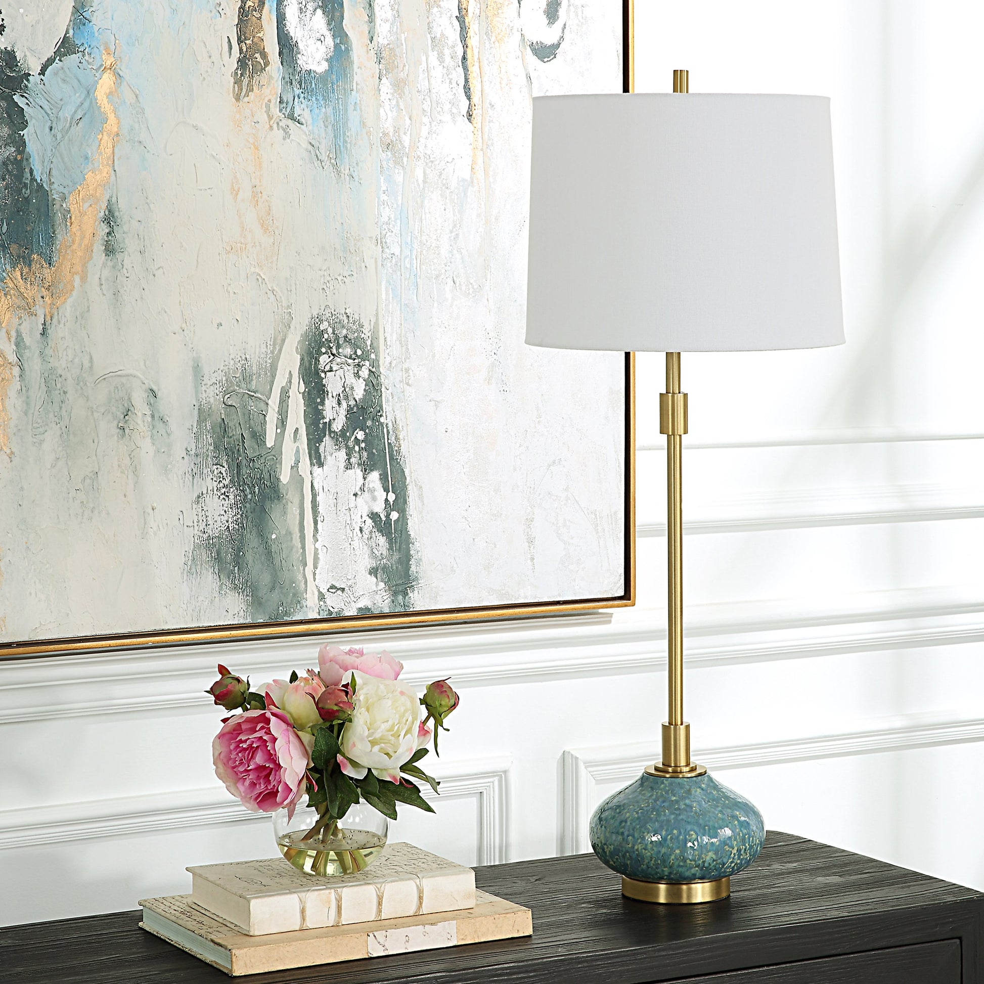 Kaimana Buffet Lamp by Uttermost in seafoam green, brass. Made from ceramic, iron, fabric in a modern style.
