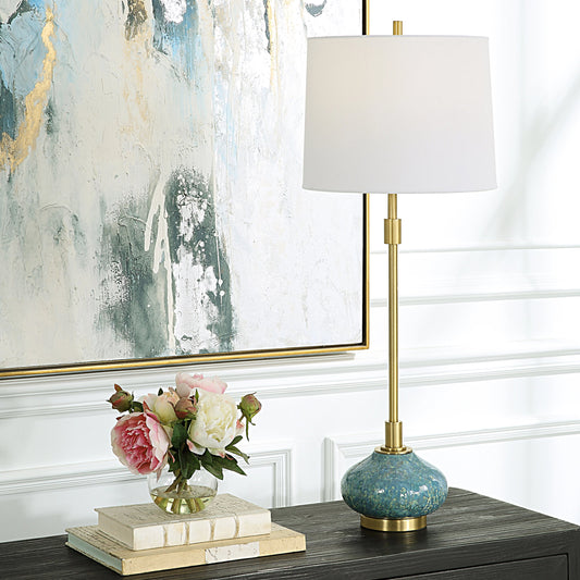Kaimana Buffet Lamp by Uttermost in seafoam green, brass. Made from ceramic, iron, fabric in a modern style.