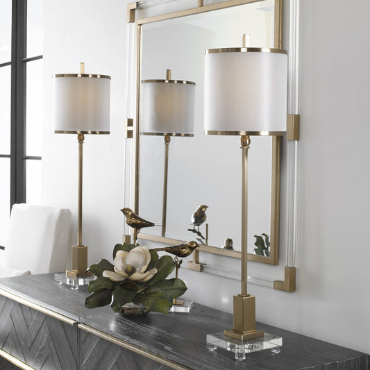 Villena Brass Buffet Lamp by Uttermost. Made from metal, fabric, crystal in a modern style.