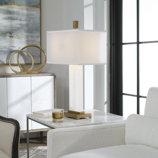 Athanas Alabaster Lamp by Uttermost. Made from metal, alabaster, fabric in a modern style.