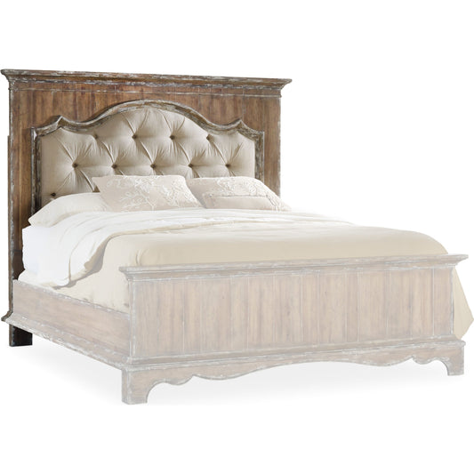 001 SI-1748634 | Primary Silo | Chatelet Upholstered Mantle Headboard by Hooker Furniture in beige and caramel froth, turtle dove. Made from pecan veneers, resin, fabric in a traditional style.
