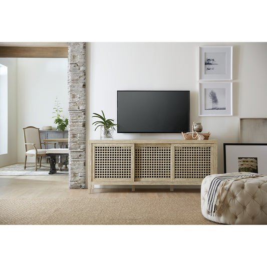 Ciao Bella Entertainment Console by Hooker Furniture in flaky white. Made from maple veneers, solid-wood edge top in a traditional style.