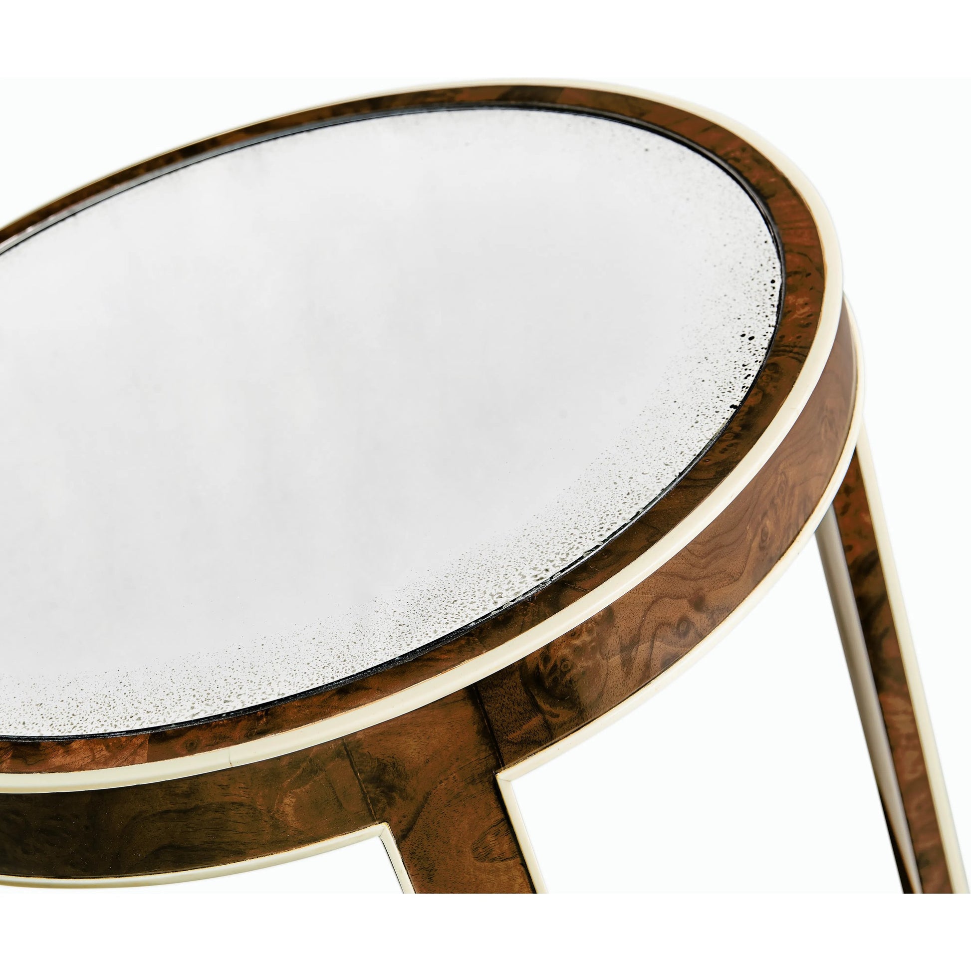 Jacques Round End Table by Jonathan Charles in brown and medium brown mahogany. Made from mahogany veneers, faux bone, glass in a modern style.