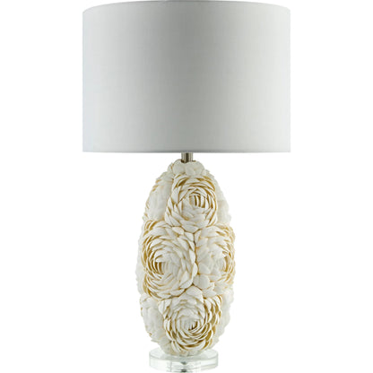 Lunge Accent Table Lamp by Livabliss in body: white, clear; base: clear; shade: white; finial: clear; harp: metallic - nickel; cord: translucent and plated, inlaid, translucent. Made from shell, crystal, linen, polyester in 