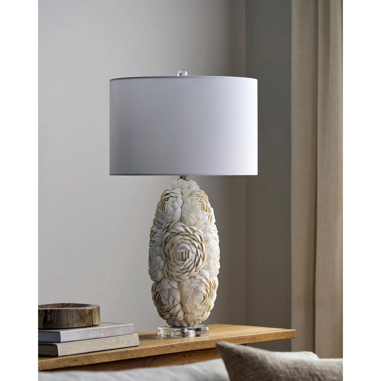 003 SI-2349562 | Lifestyle | Lunge Accent Table Lamp by Livabliss in body: white, clear; base: clear; shade: white; finial: clear; harp: metallic - nickel; cord: translucent and plated, inlaid, translucent. Made from shell, crystal, linen, polyester in a m