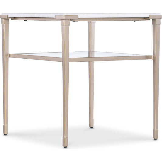 Melange Jen End Table by Hooker Furniture in champagne. Made from white genesis slab, metal, glass in a unique style.