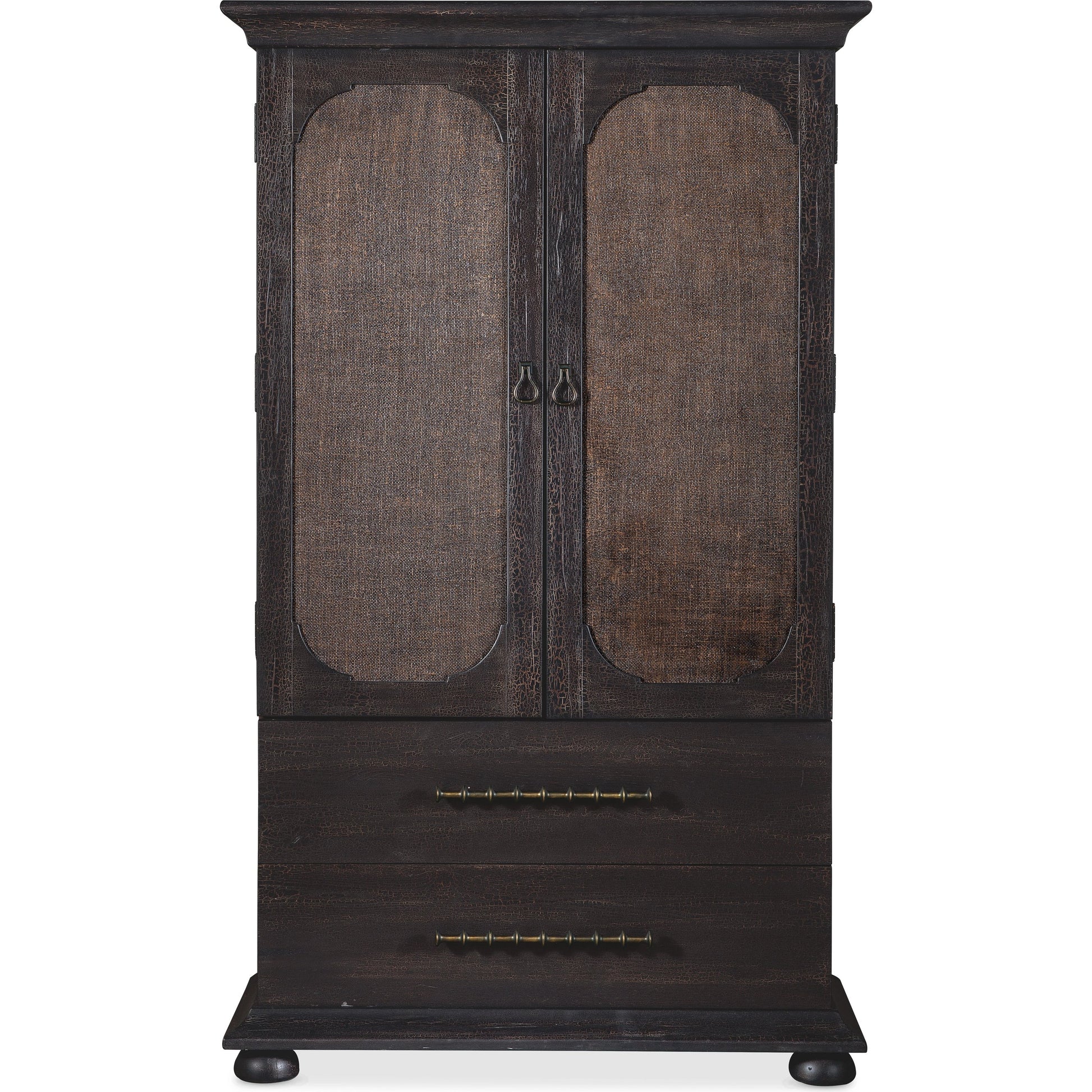 Big Sky Small Wardrobe by Hooker Furniture in charred timber. Made from pecky hickory veneers, burlap in a traditional style.