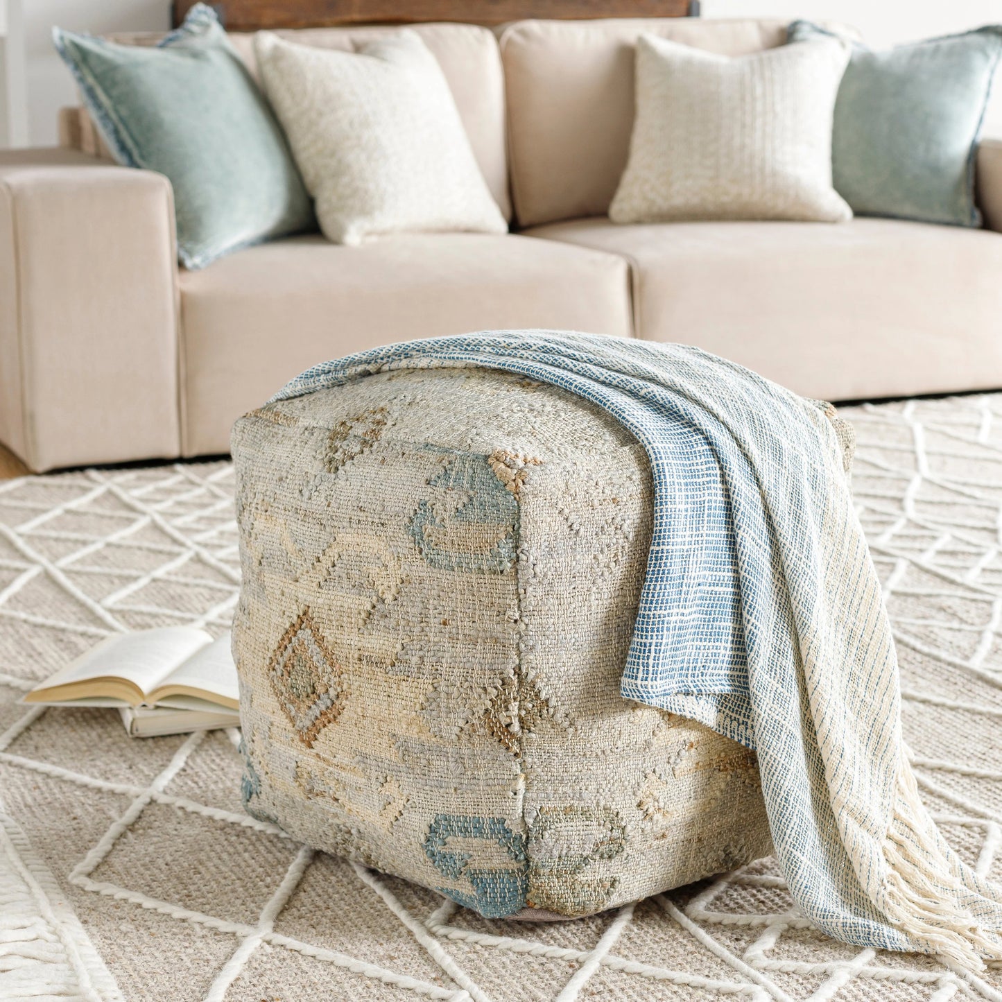 002 SR-754175 | Lifestyle | Lenora - 21565 by Surya in teal, navy, dark brown, wheat, khaki. Made from 100% jute, 100% polyester, polyfill, 100% cotton in a eclectic & global style.